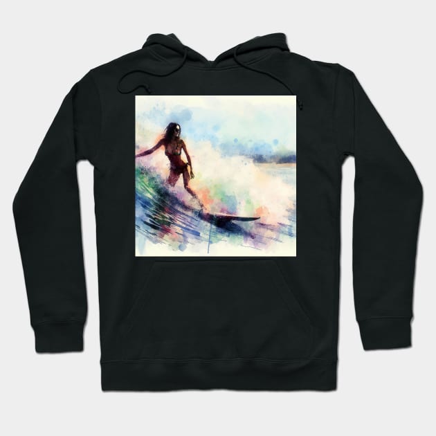 Abstract looking illustration of a woman surfing in a bikini in tropical waters. Hoodie by WelshDesigns